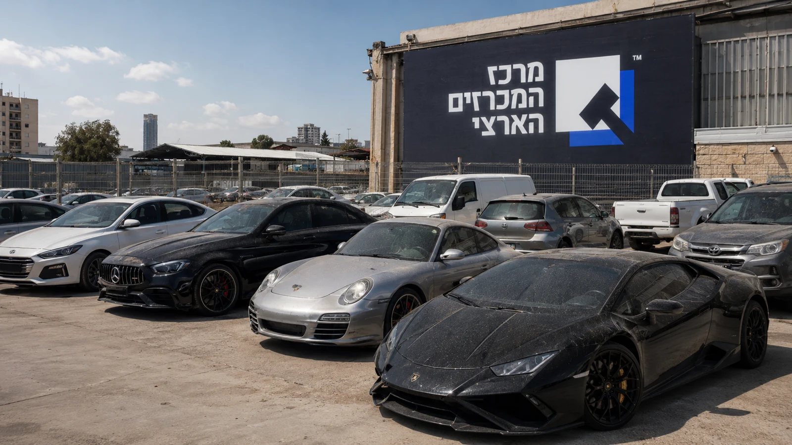 מגרש מכרזי רכב ארצי עם מבחר רכבים, מרכבים פרטיים ועד רכבי יוקרה, לצד שלט מרכז המכרזים הארצי
